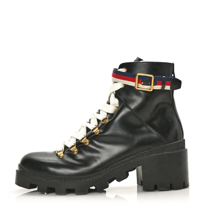 Gucci Calfskin Sylvie Web Lace Up Combat Boots 41 Black 1 of 7
