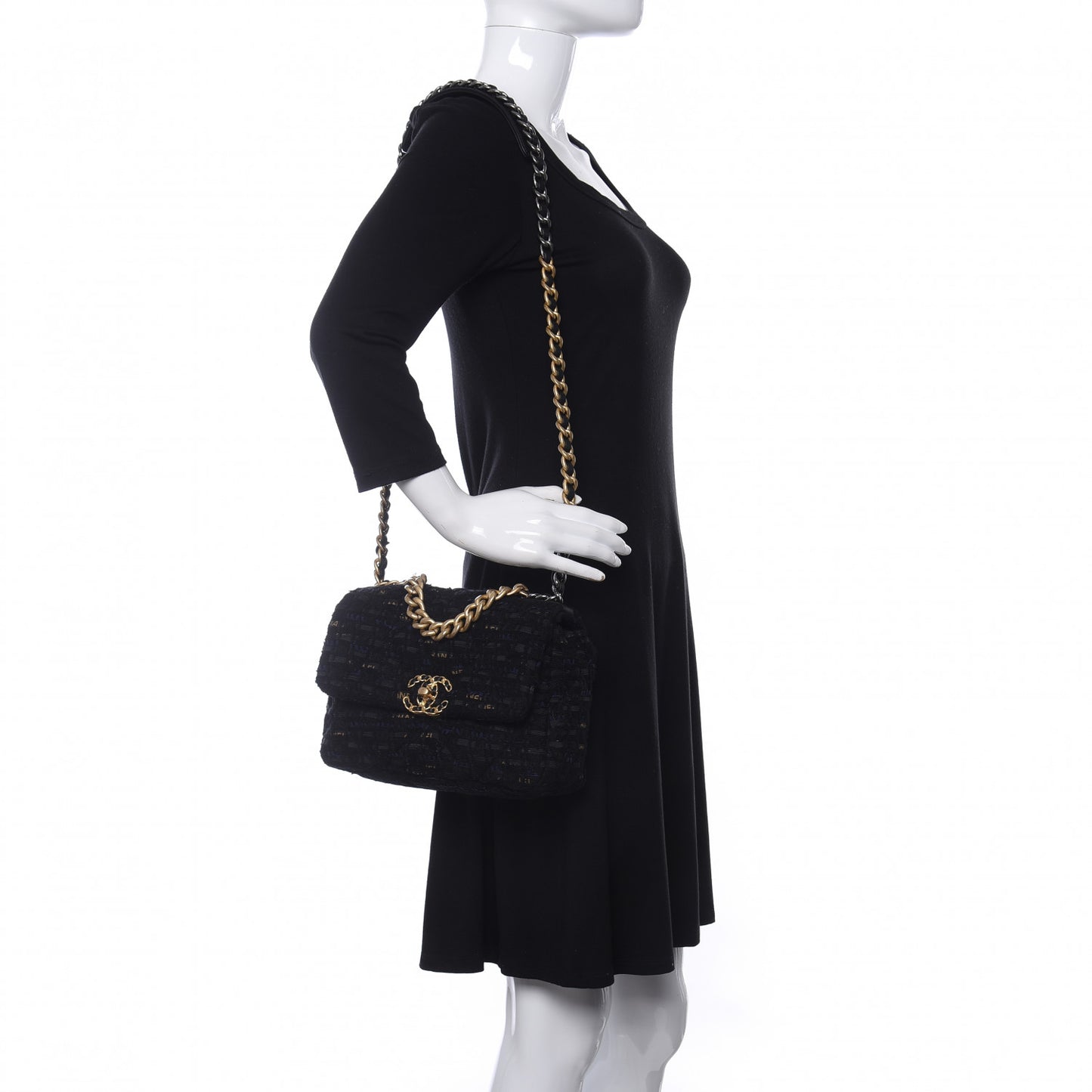 Tweed Quilted Medium Chanel 19 Flap Black Navy Gold