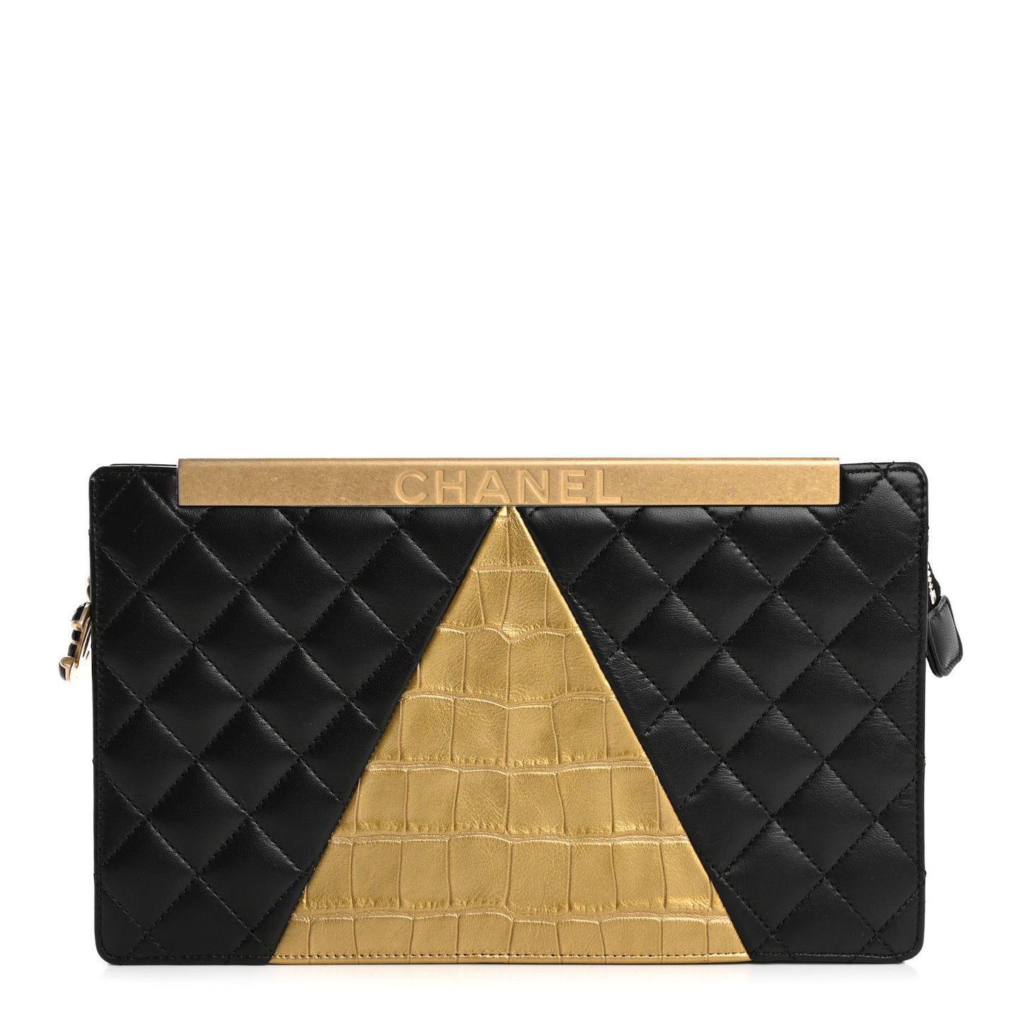 Lambskin Metallic Calfskin Crocodile Embossed Clutch Black Gold