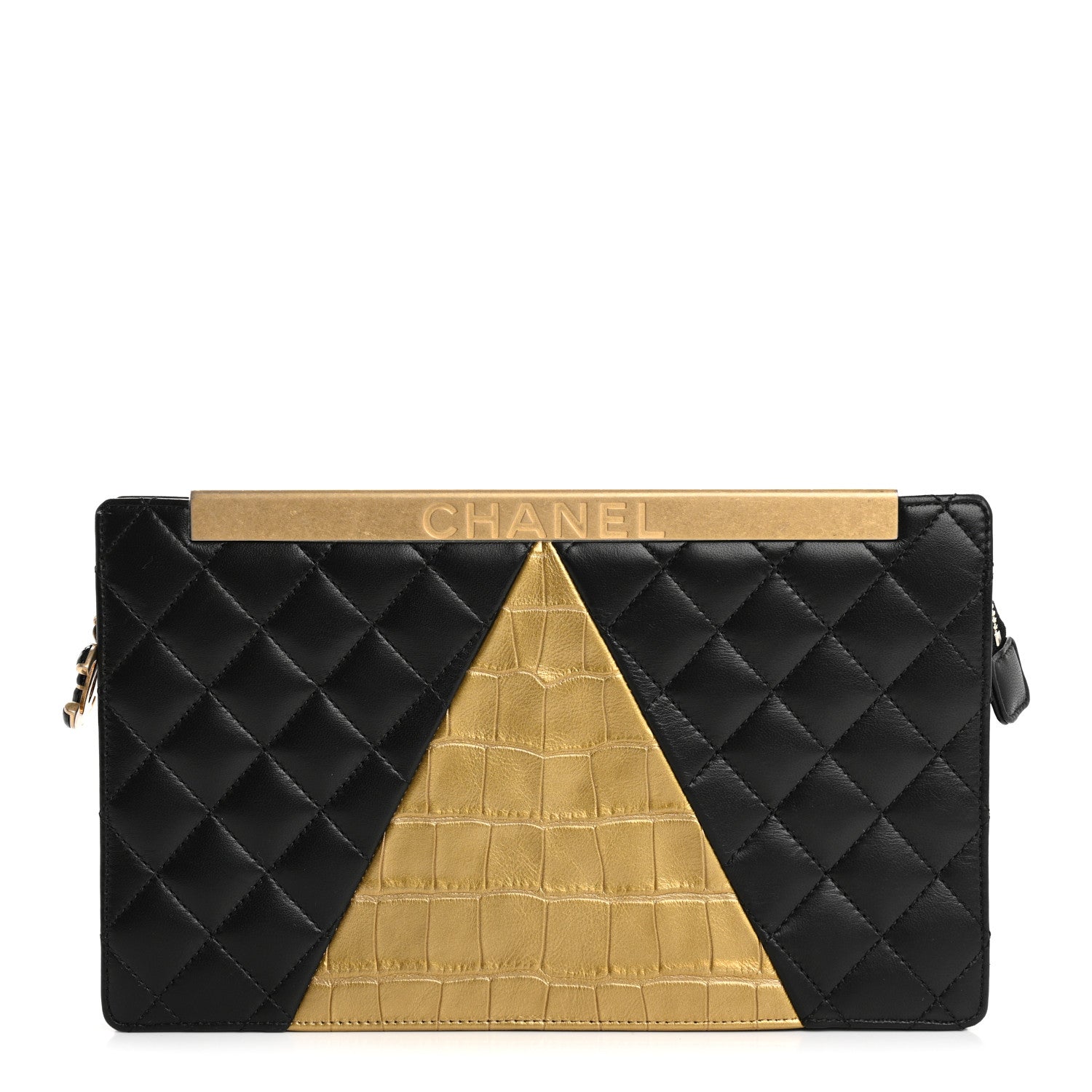 Chanel Lambskin Metallic Calfskin Crocodile Embossed Clutch Black Gold 1 of 12