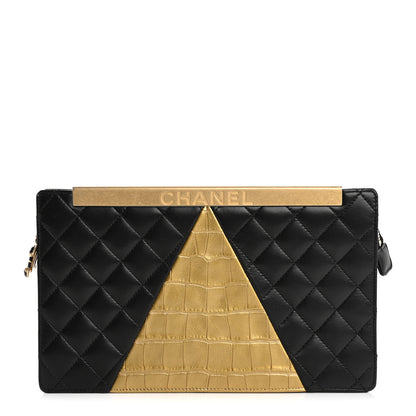 Chanel Lambskin Metallic Calfskin Crocodile Embossed Clutch Black Gold 1 of 12