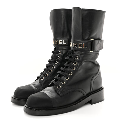 Chanel Shiny Calfskin Lace Up Combat Boots 38 Black 3 of 16