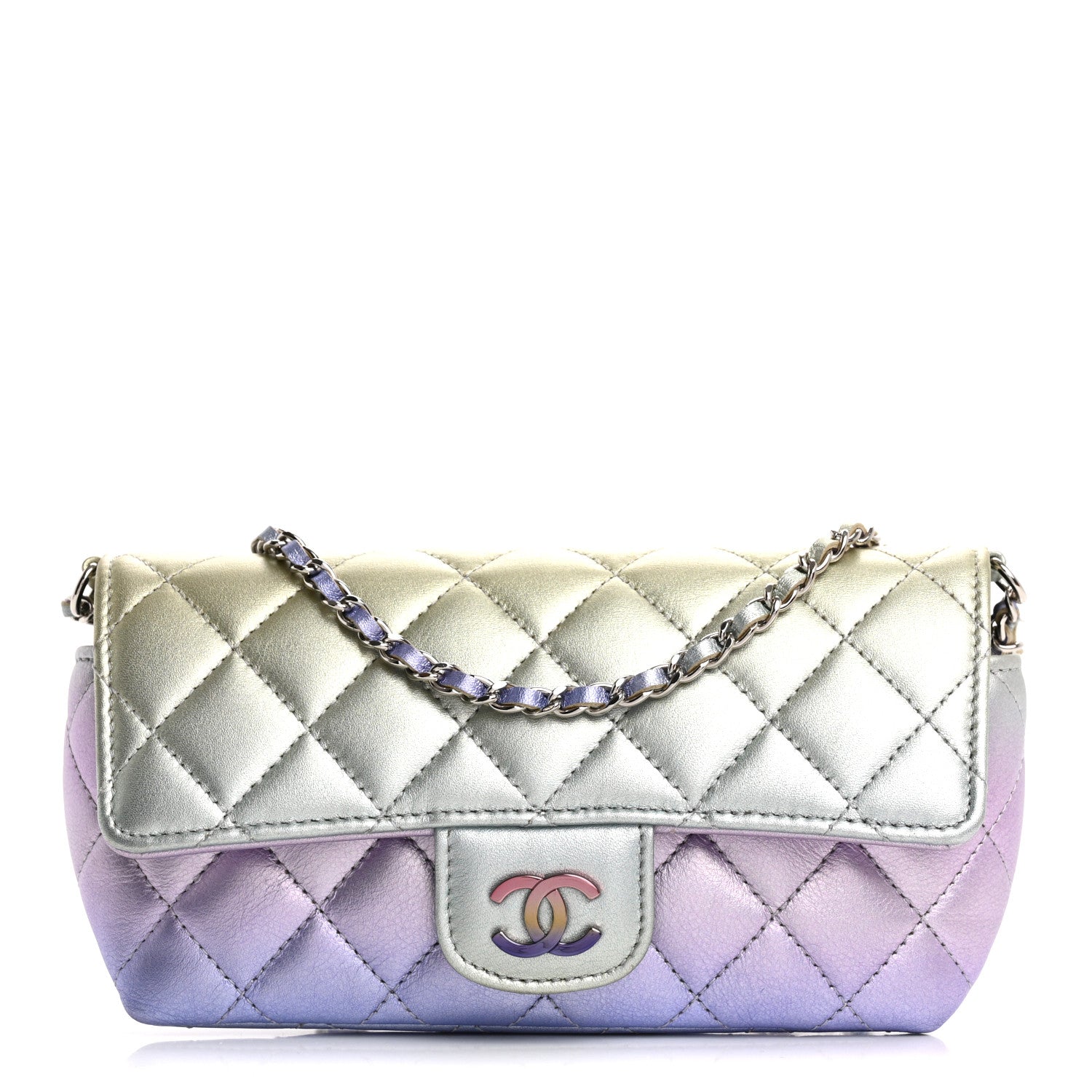 Chanel Gradient Metallic Calfskin Quilted Glasses Case With Chain Silver Blue Yellow Purple 1 of 13