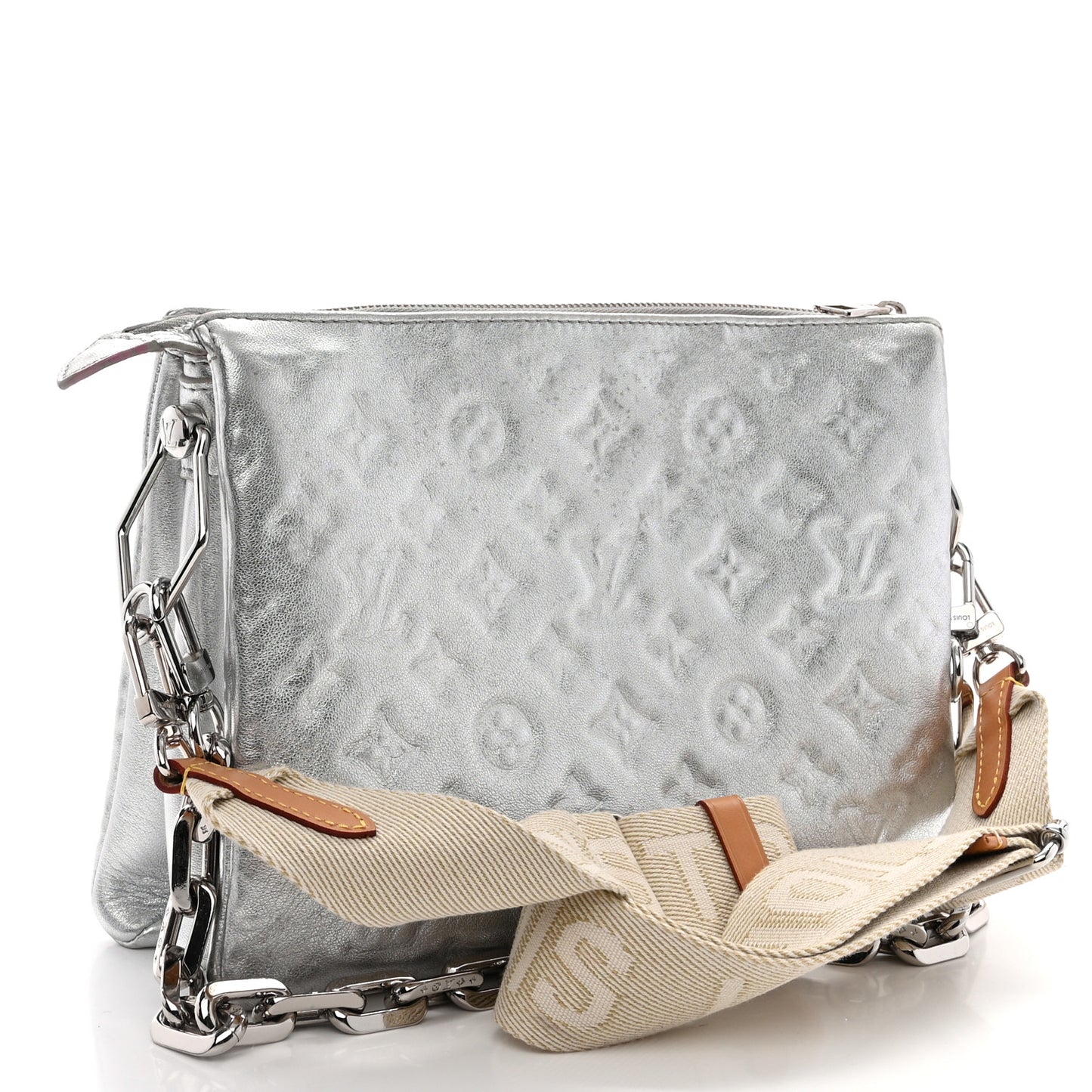 Metallic Lambskin Embossed Monogram Coussin BB Silver