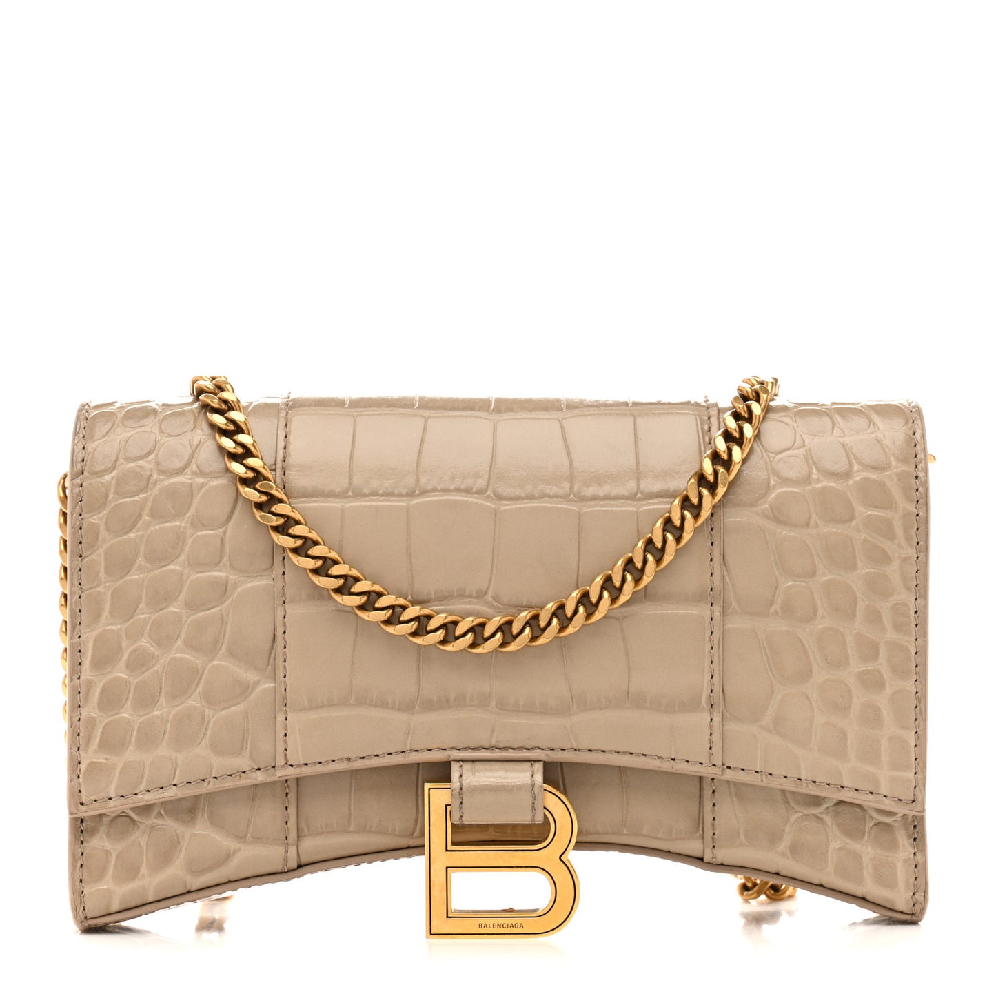 Shiny Calfskin Crocodile Embossed Hourglass Chain Bag Dark Beige