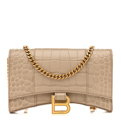 Balenciaga Shiny Calfskin Crocodile Embossed Hourglass Chain Bag Dark Beige 1 of 15