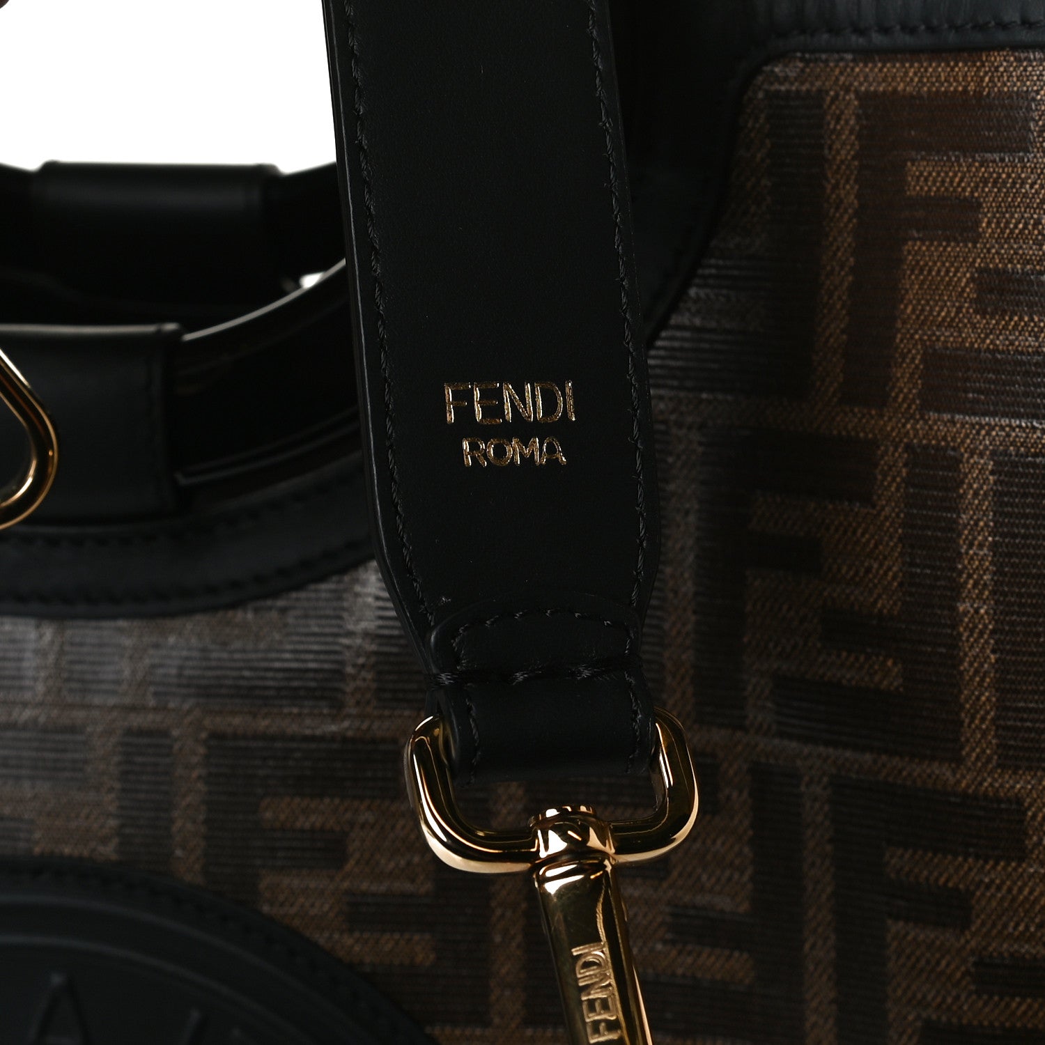 Fendi Glazed Fabric Vitello Century Plexiglass FF 1974 Stamp Patch Medium Runaway Shopper Tote Mogano Panna Black 13 of 17