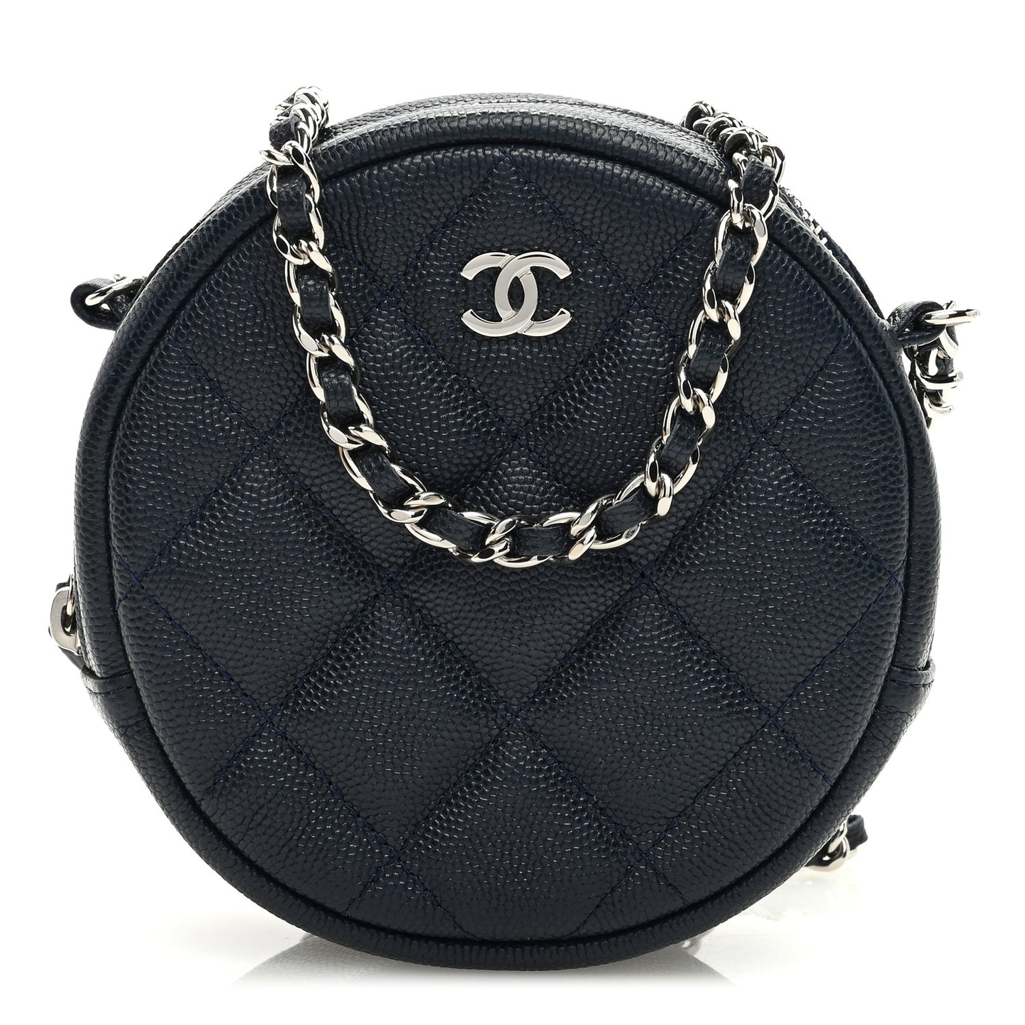 Caviar Quilted Round Clutch With Chain Navy
