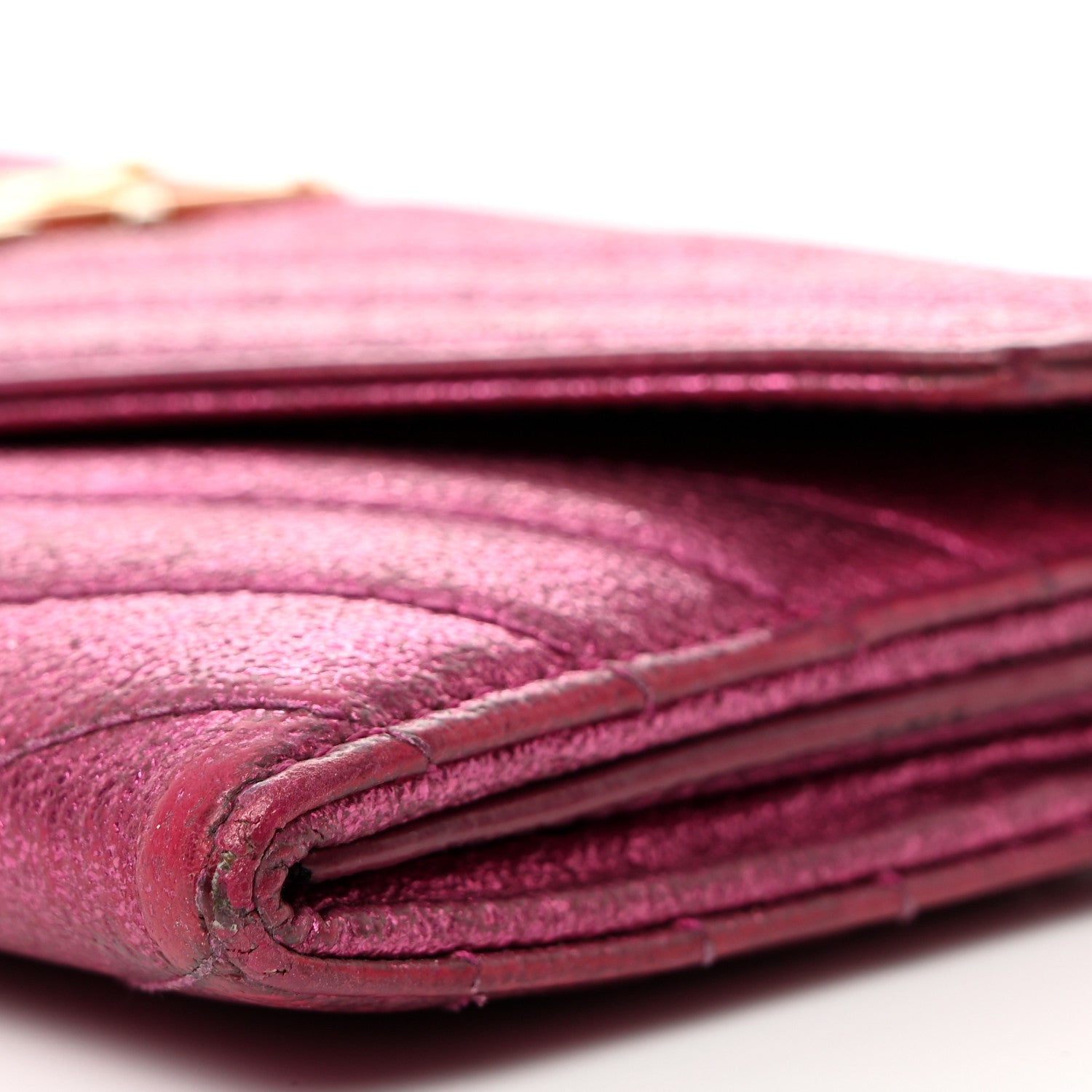 Saint Laurent Metallic Crackled Calfskin Matelasse Chevron Monogram Flap Wallet Fuchsia 10 of 10