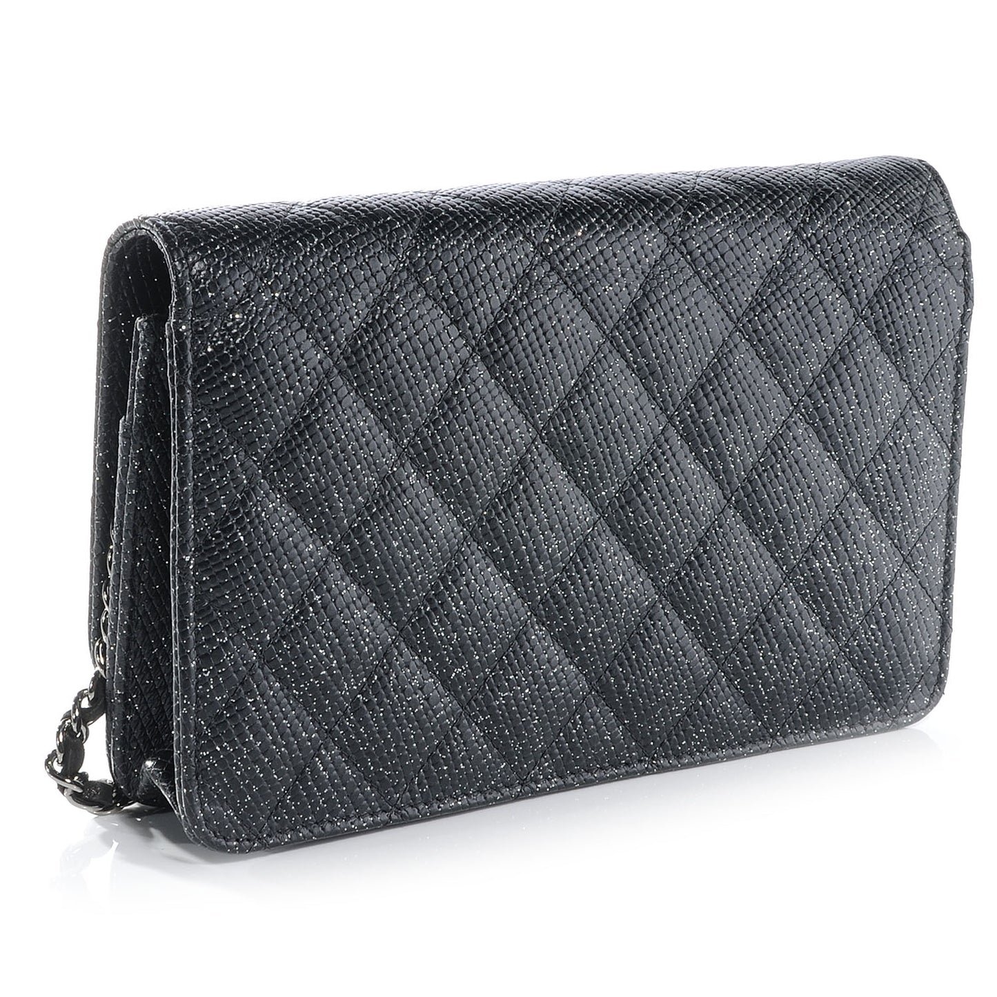 Glitter Calfskin Quilted Wallet on Chain WOC Black Silver