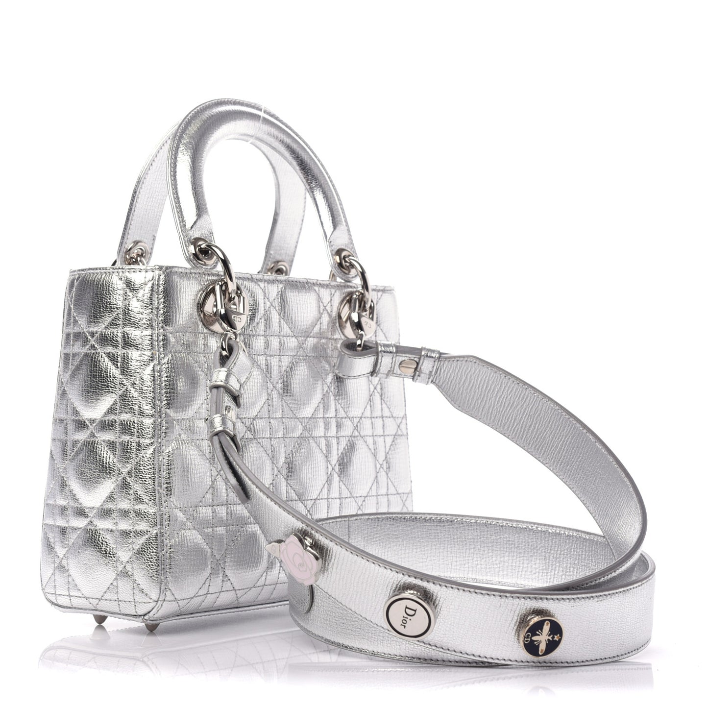 Metallic Grained Calfskin Cannage Small Lucky Badges My Lady Dior Silver
