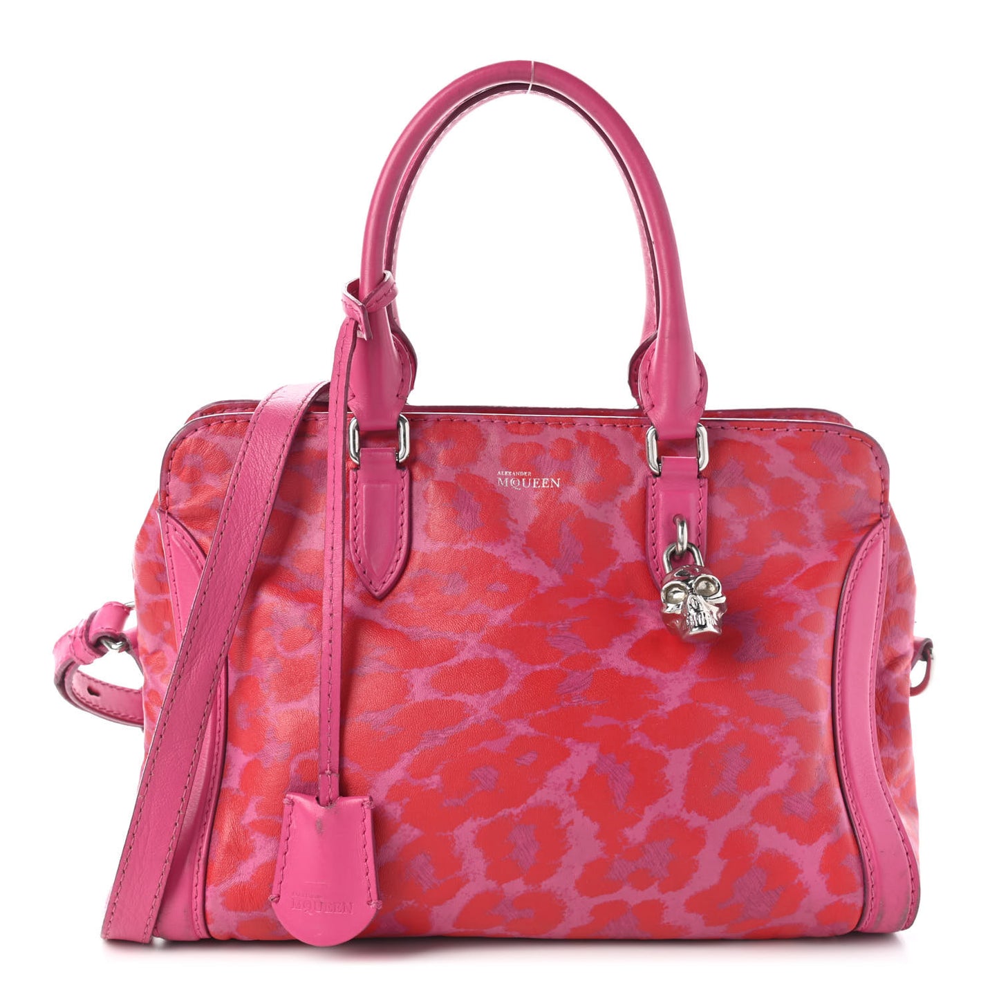 Calfskin Leopard Print Small Skull Padlock Zip Around Tote Pink