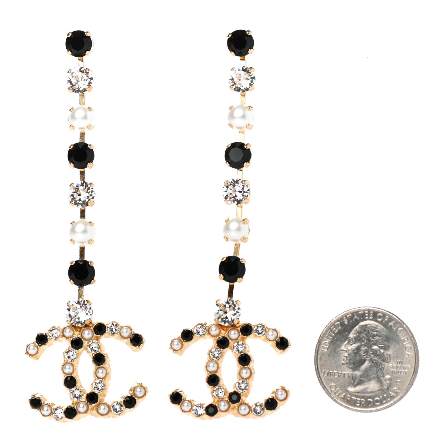 Resin Crystal Pearl CC Long Drop Earrings Gold Black