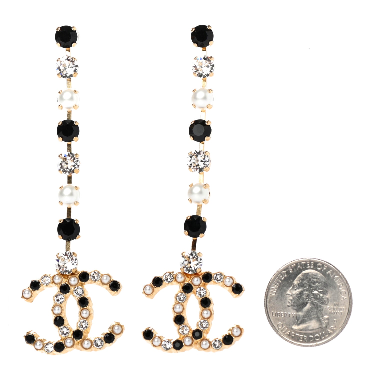 Chanel Resin Crystal Pearl CC Long Drop Earrings Gold Black 2 of 4