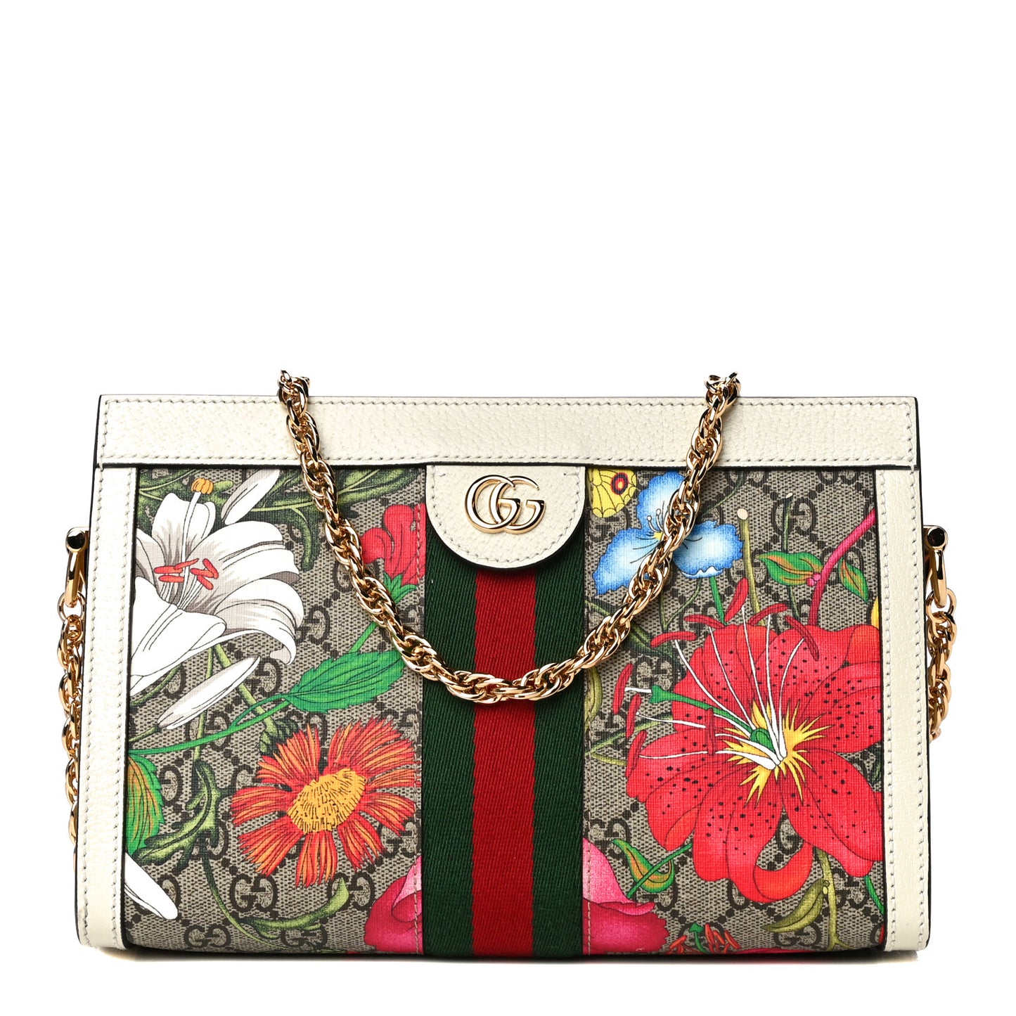 GG Supreme Monogram Flora Web Small Ophidia Chain Shoulder Bag White