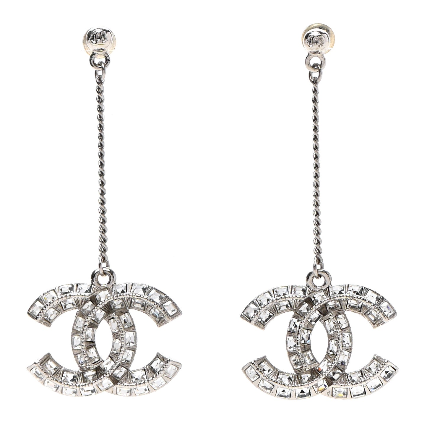 Baguette Crystal CC Drop Earrings Silver