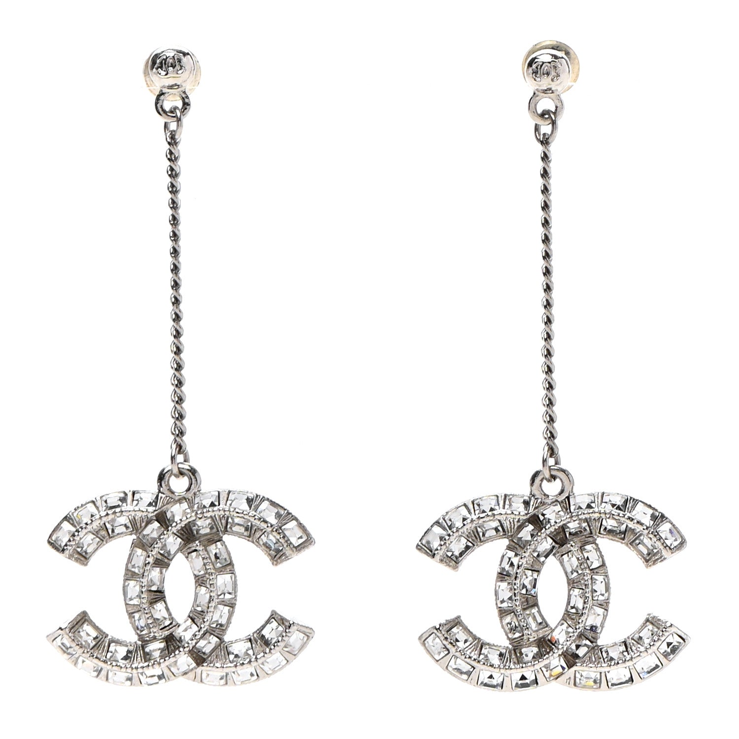 Chanel Baguette Crystal CC Drop Earrings Silver 1 of 4