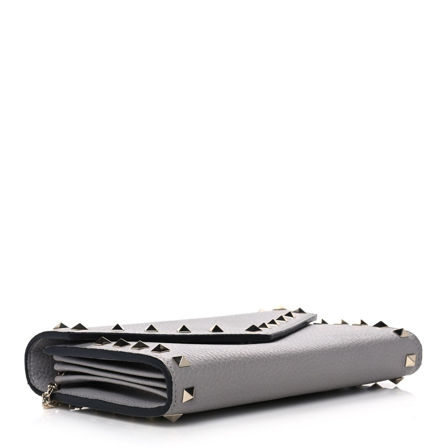 Pebbled Calfskin Rockstud Envelope Wallet on Chain Grey