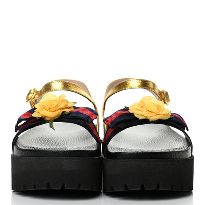 Gucci Metallic Calfskin Web Platform Lug Sole Sandals 40.5 Gold 2 of 8