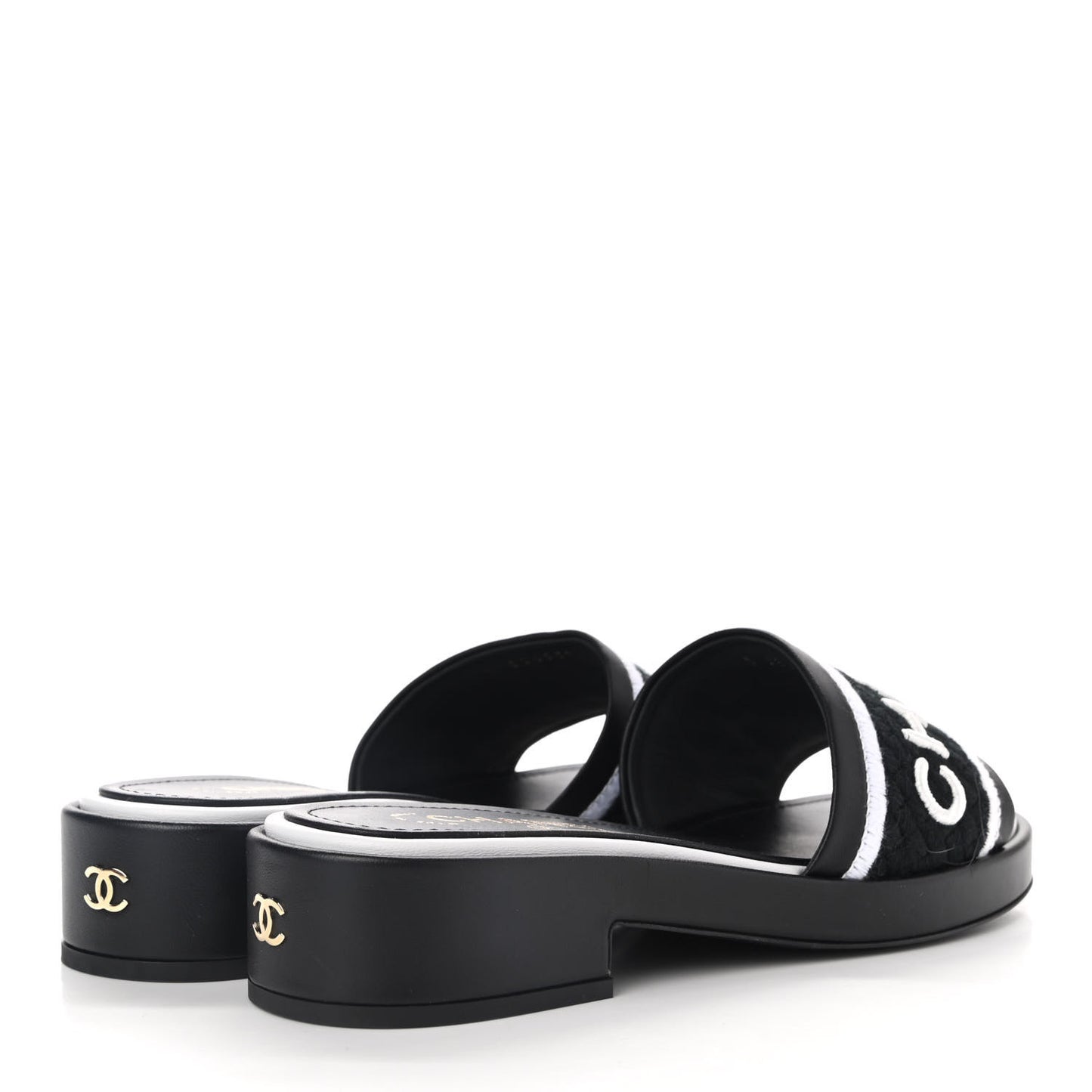 Lambskin Embroidered CC Mule Sandal 38.5 Black White