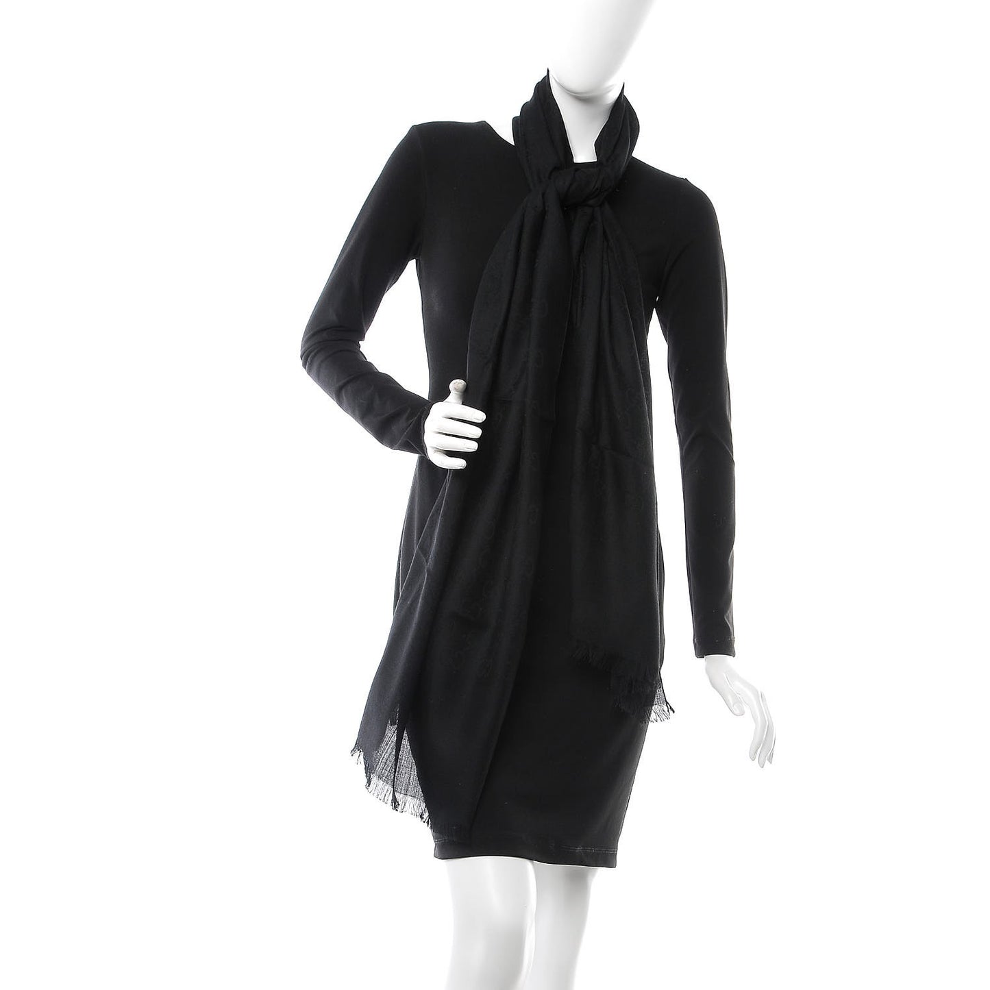 Silk Wool Monogram Fringe Scarf Black