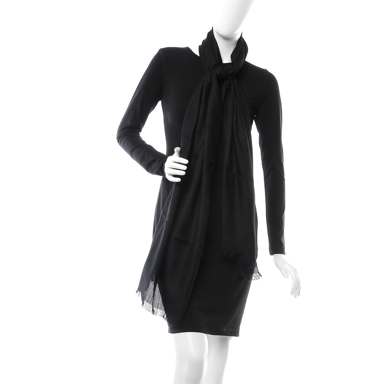 Gucci Silk Wool Monogram Fringe Scarf Black 2 of 5