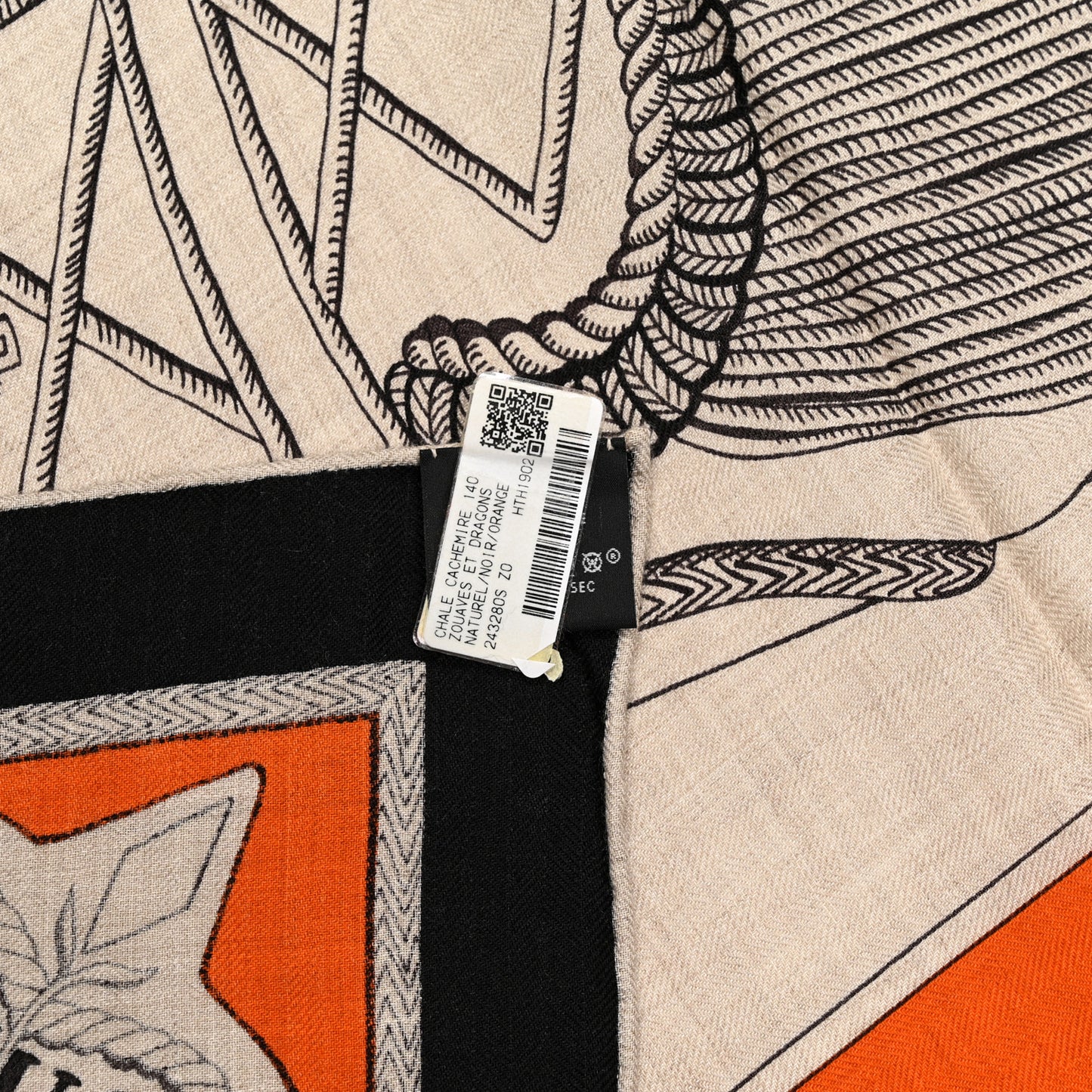 Cashmere Silk Zouaves Et Dragons Shawl 140 Naturel Orange Black