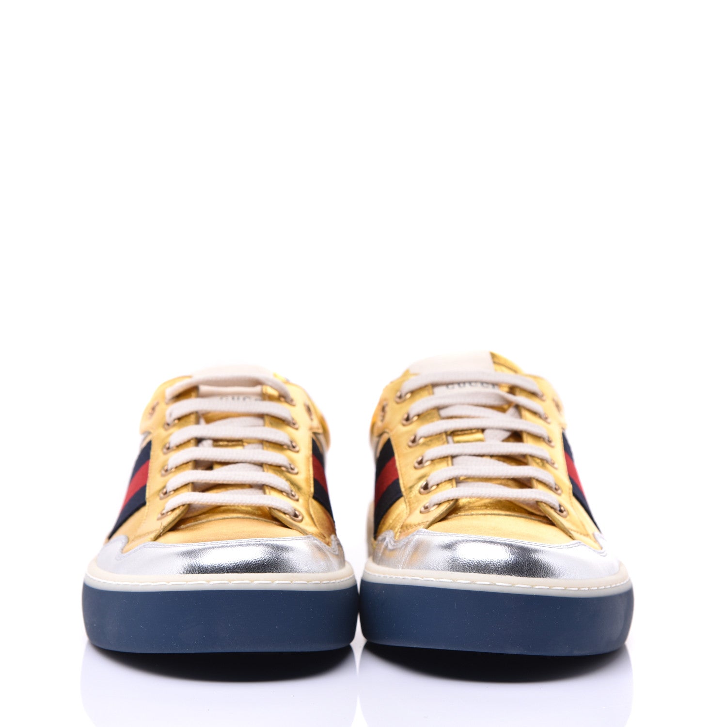 Gucci Metallic Nappa Web Mens Low Top Sneakers 8.5 Argento Oro Vecchio 2 of 12
