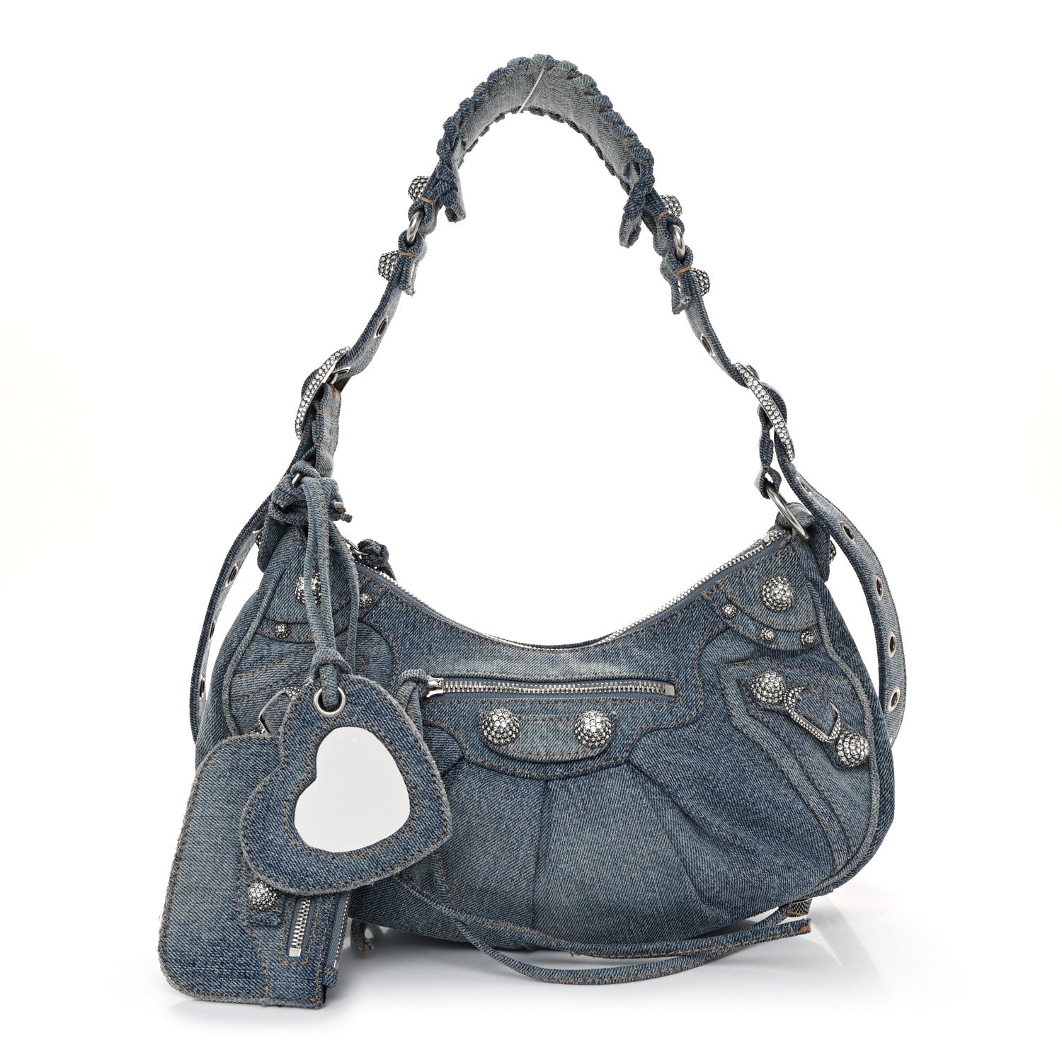Balenciaga Washed Frayed Denim Crystal Small Le Cagole Shoulder Bag Blue 1 of 12