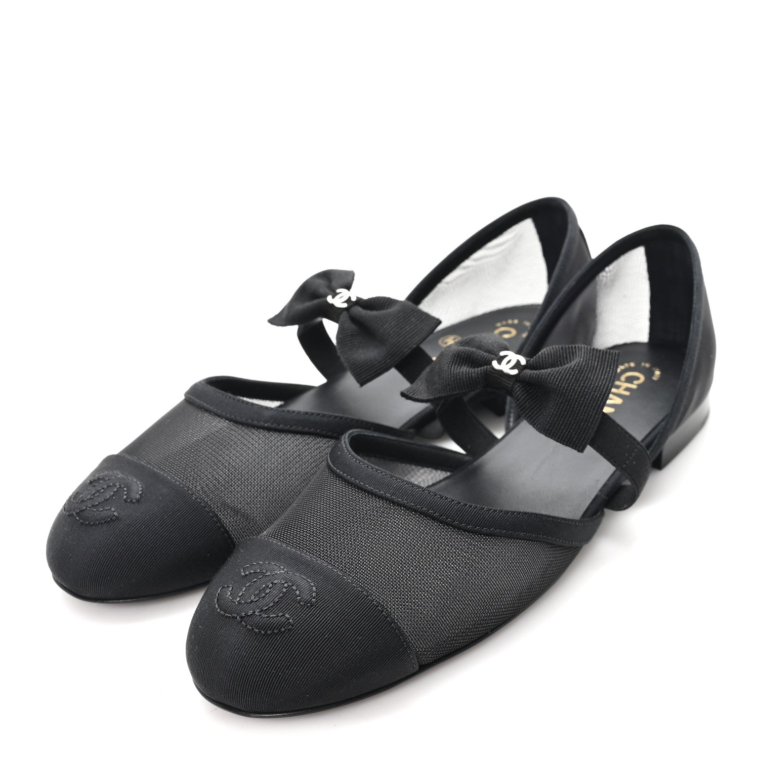 Chanel Mesh Grosgrain Mary Janes Flats 37 Black 4 of 10