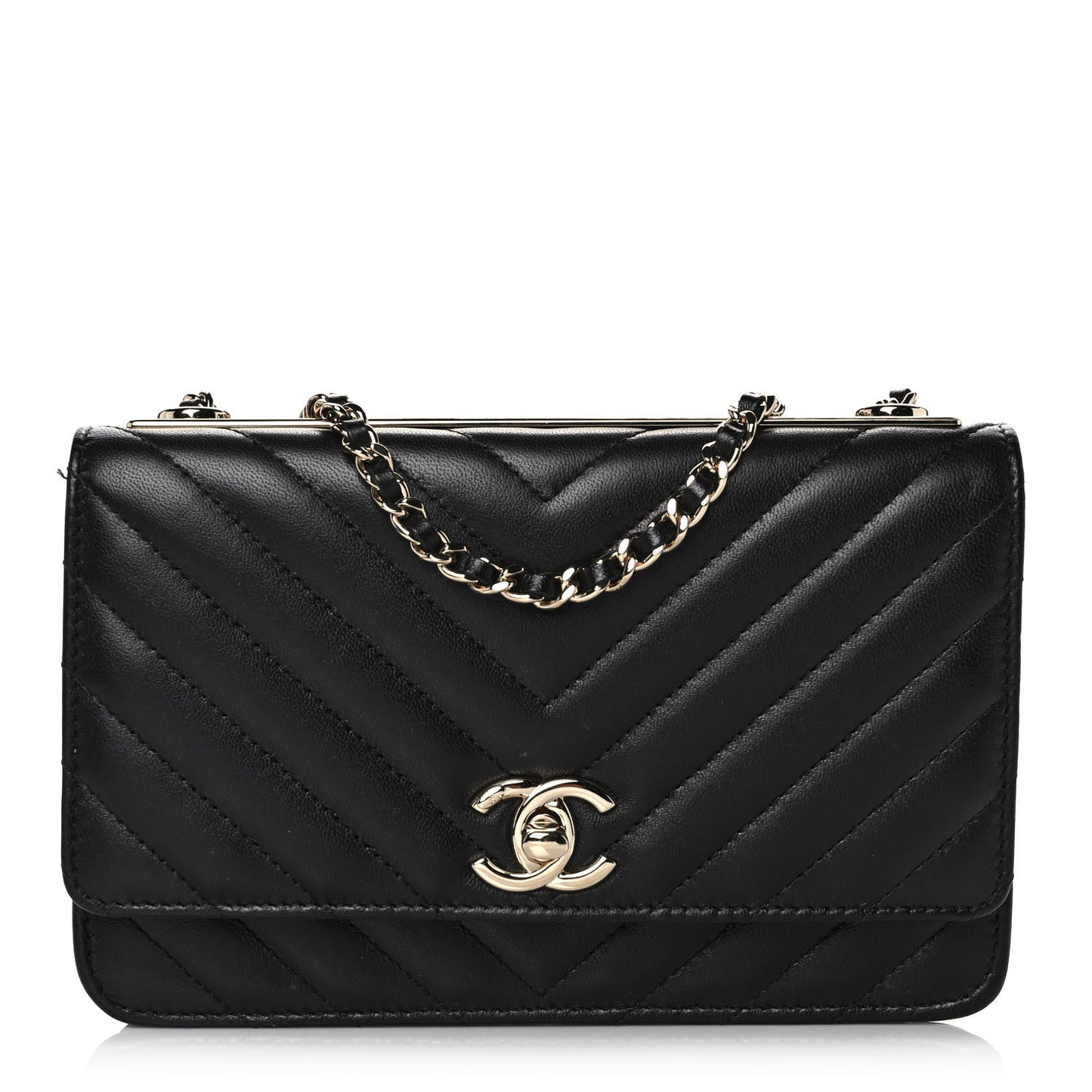 Lambskin Chevron Quilted Trendy CC Wallet On Chain WOC Black