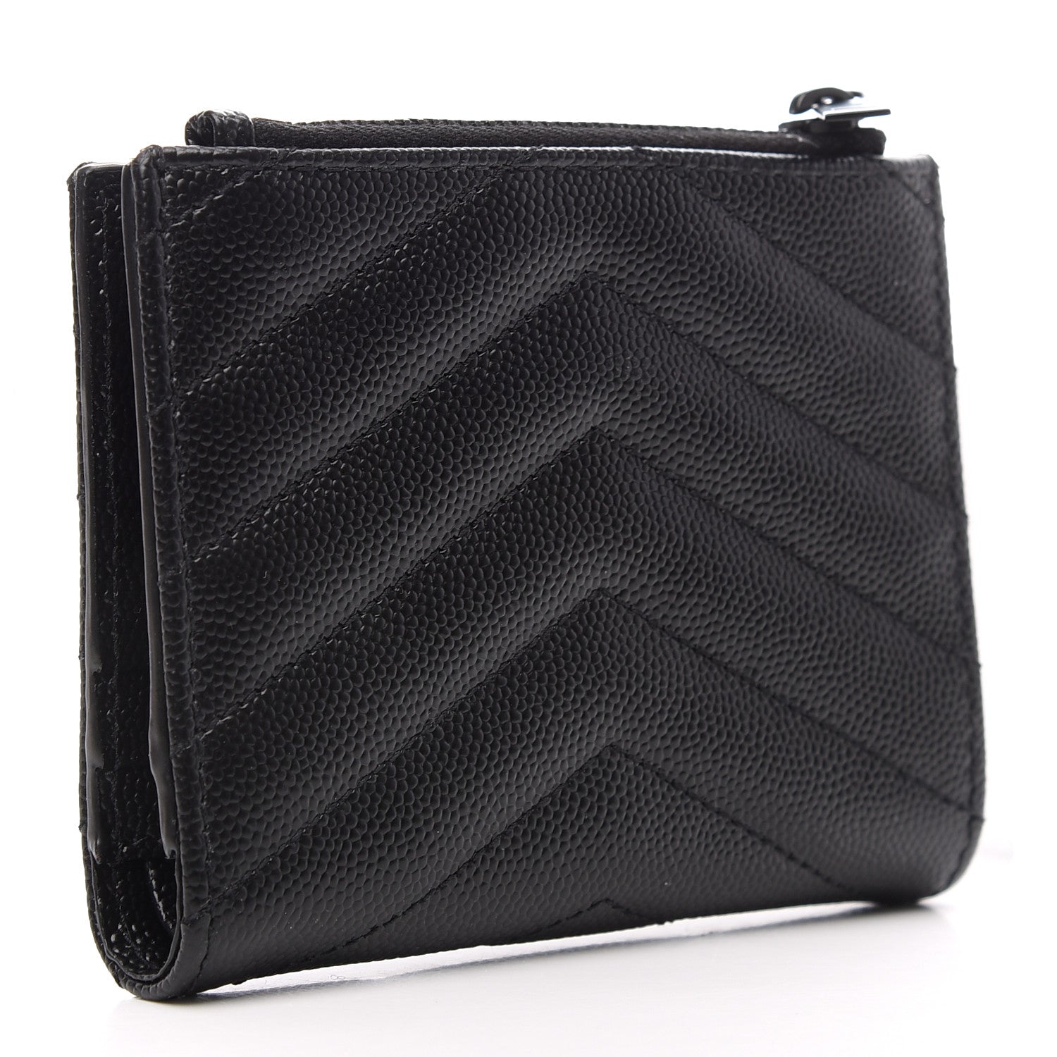 Saint Laurent Grain De Poudre Matelasse Chevron Monogram Zipped Card Case Black 3 of 6