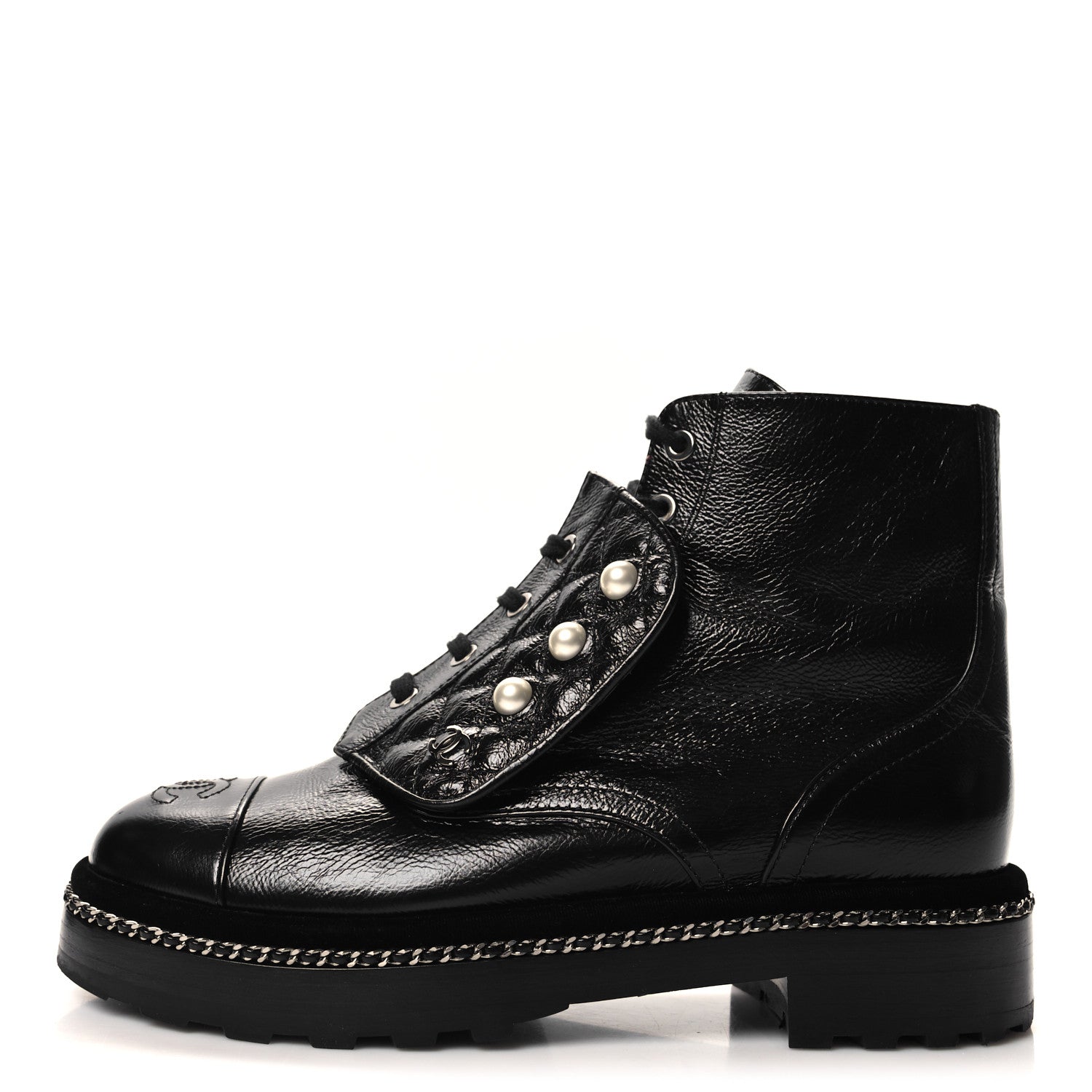 Chanel Crackled Calfskin Velvet Pearl Combat Short Boots 39 Black 1 of 8