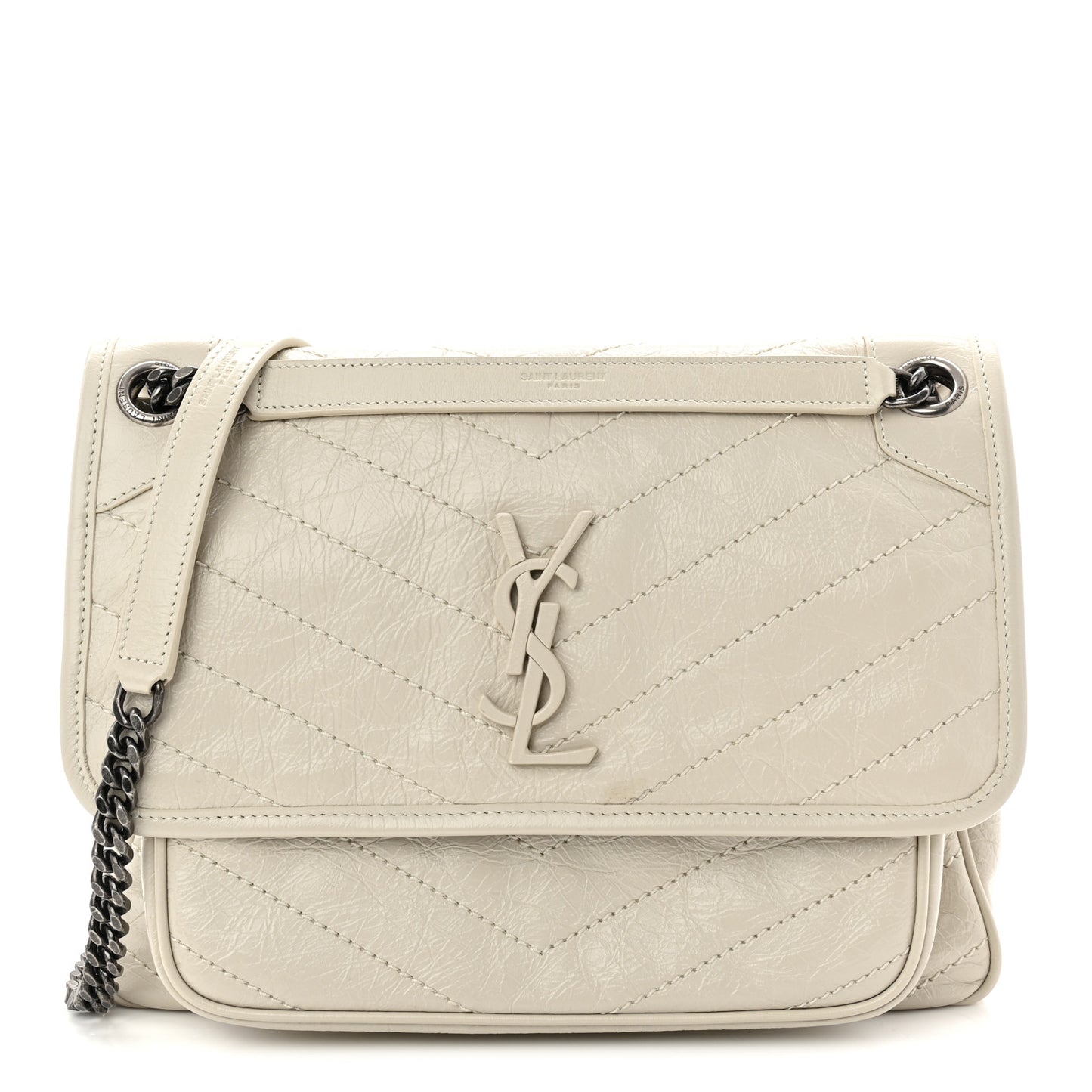 Crinkled Calfskin Matelasse Monogram Medium Niki Chain Satchel Crema Soft
