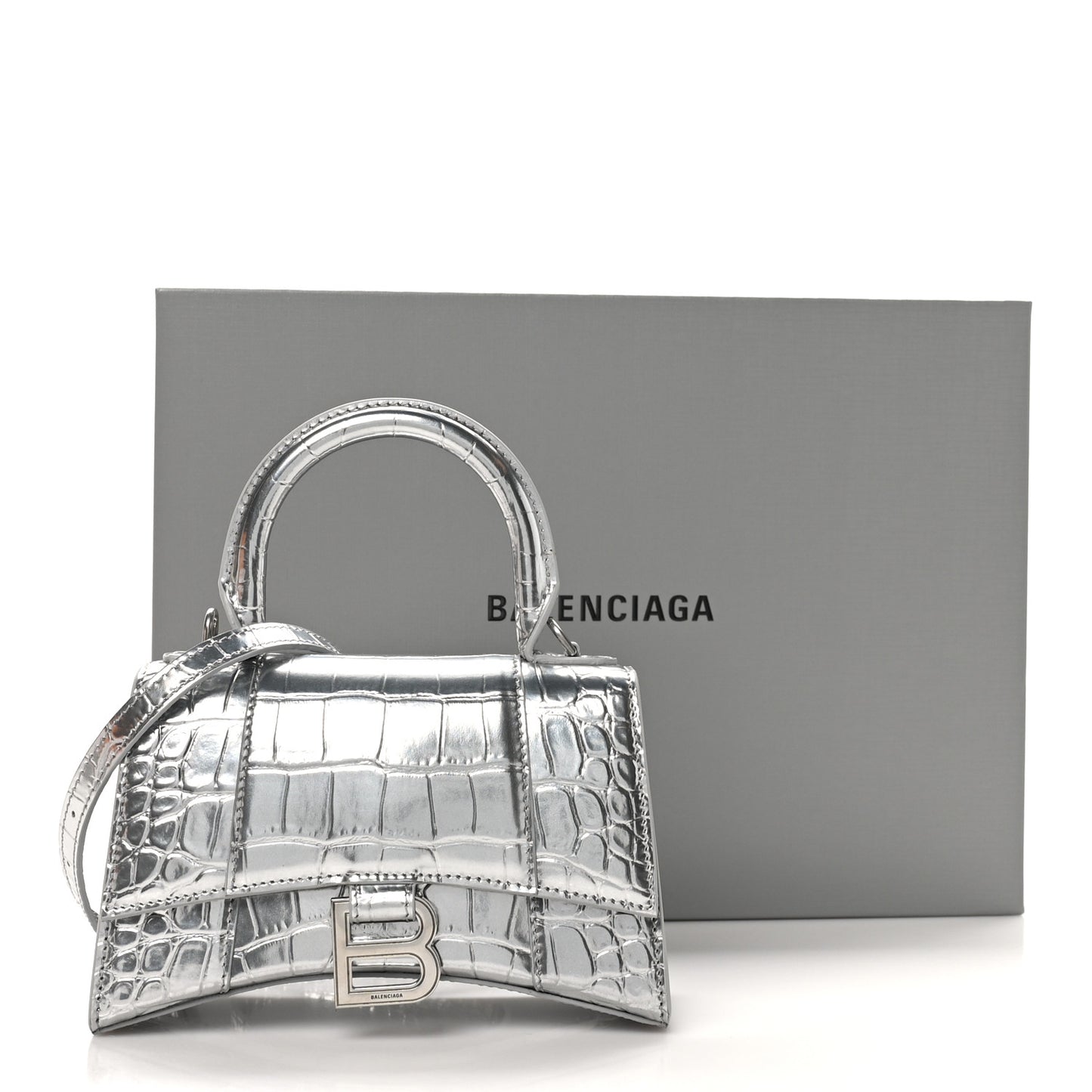 Metallic Calfskin Crocodile Embossed Hourglass Top Handle Bag XS Silver