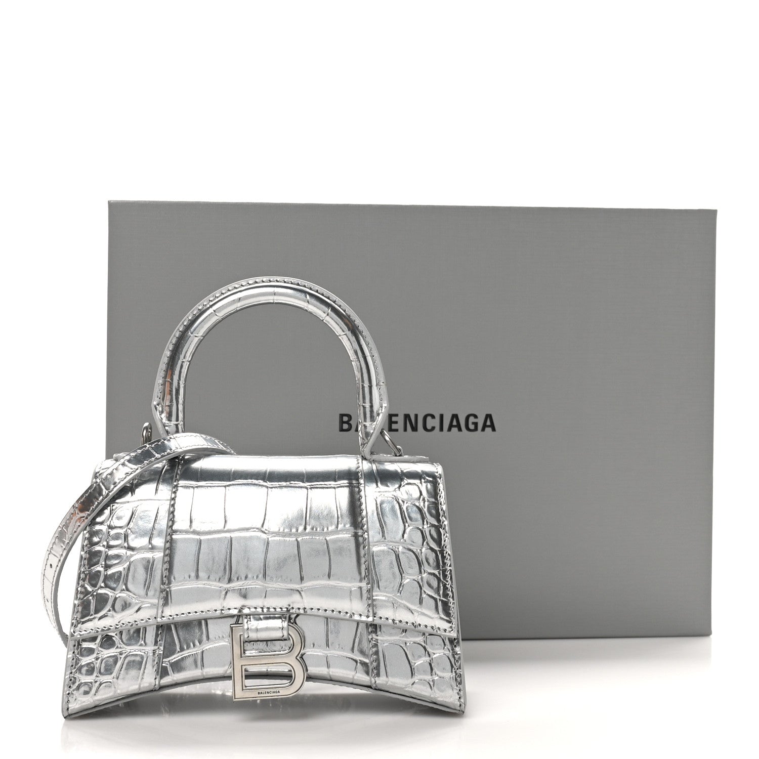 Balenciaga Metallic Calfskin Crocodile Embossed Hourglass Top Handle Bag XS Silver 10 of 10