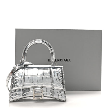 Balenciaga Metallic Calfskin Crocodile Embossed Hourglass Top Handle Bag XS Silver 10 of 10