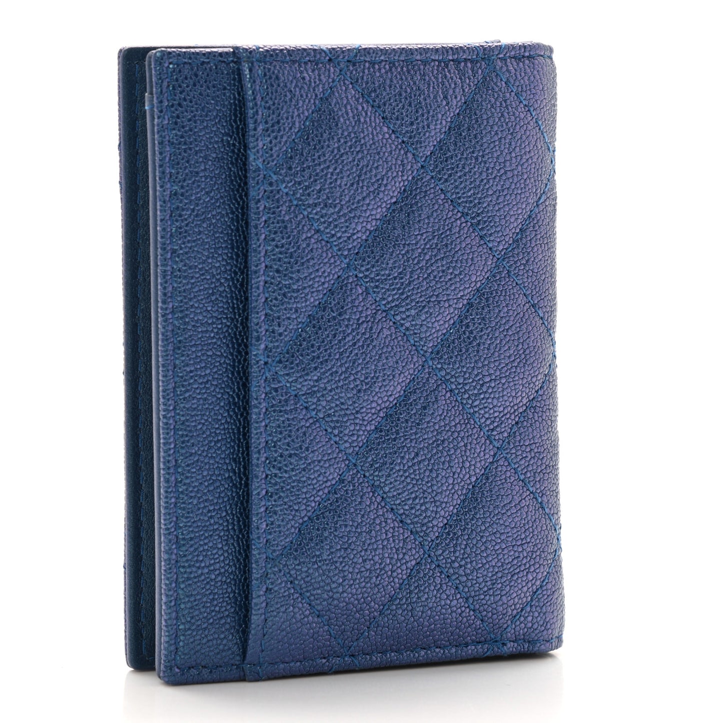 Iridescent Caviar Quilted Card Holder Wallet Dark Blue
