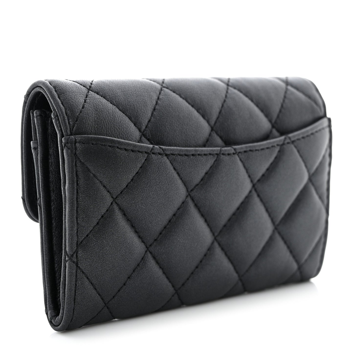 Pearly Lambskin Quilted Flap Card Holder Wallet So Black