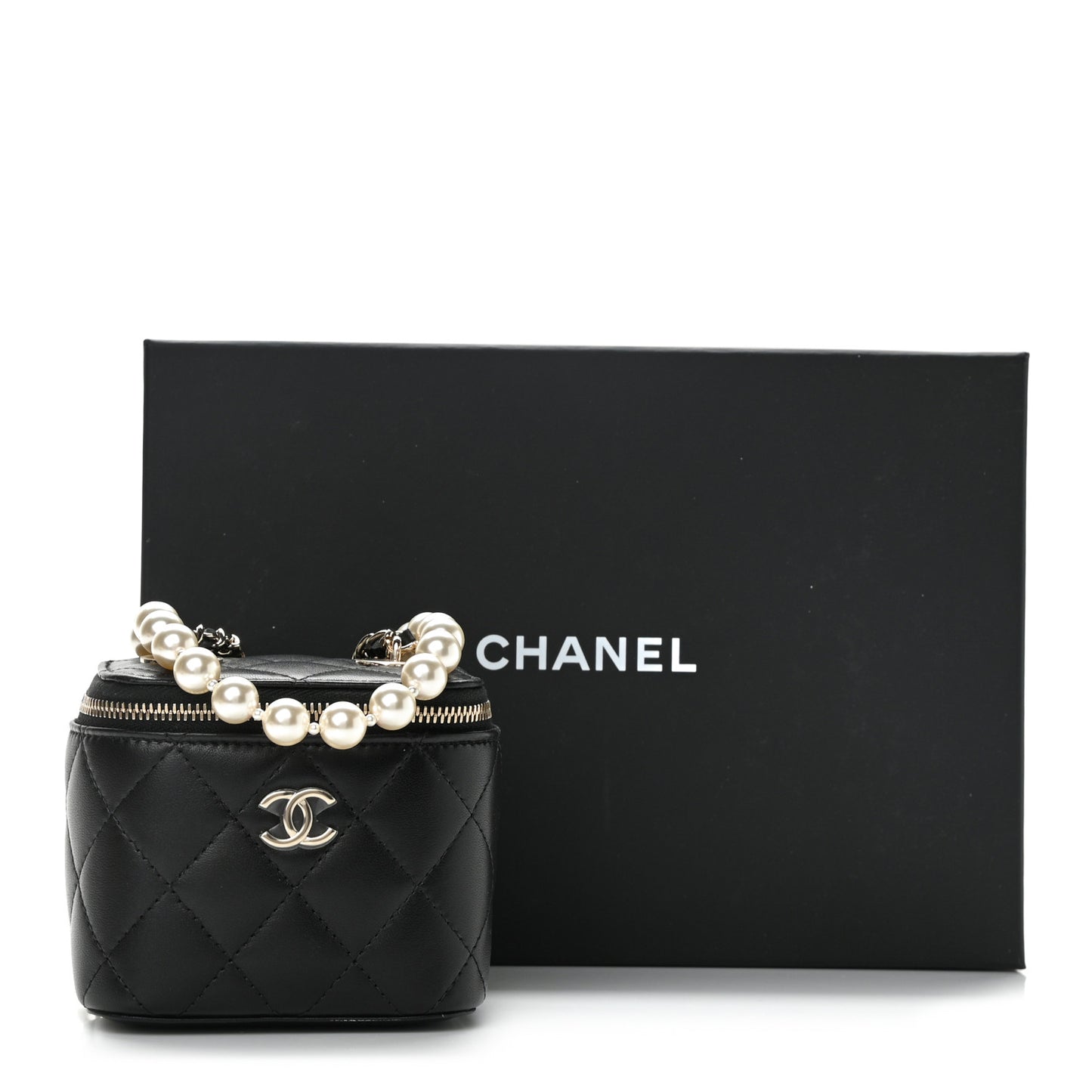 Lambskin Quilted Mini Vanity Case With Pearl Chain Black