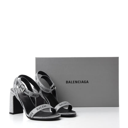 Balenciaga Glitter Allover Logo Ankle Strap Round Heel 80mm Sandals 37 Silver Black 9 of 9