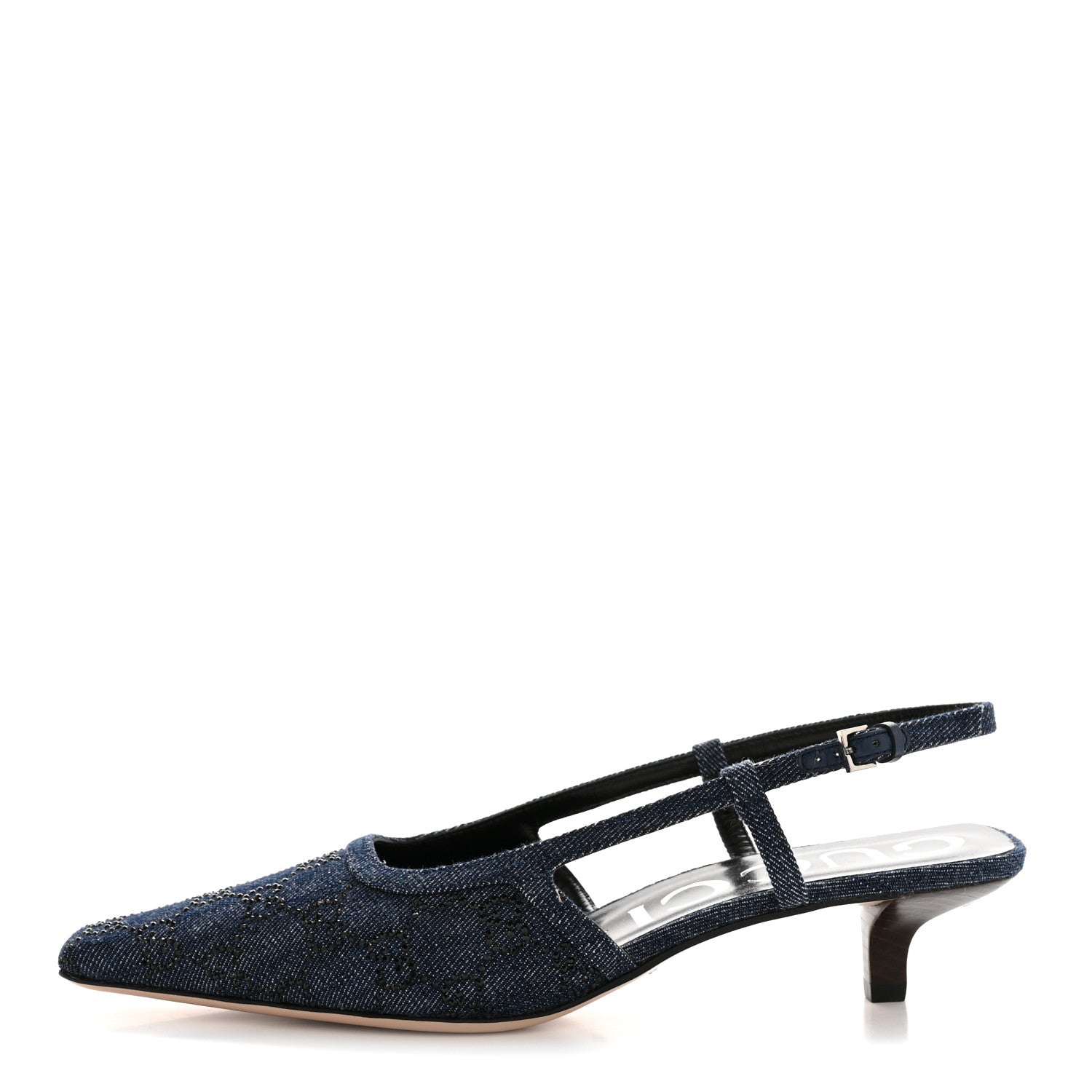 Gucci Denim GG Monogram Malaga Kid Crystal Square G 35mm Slingback Pumps 39.5 Blue 1 of 10