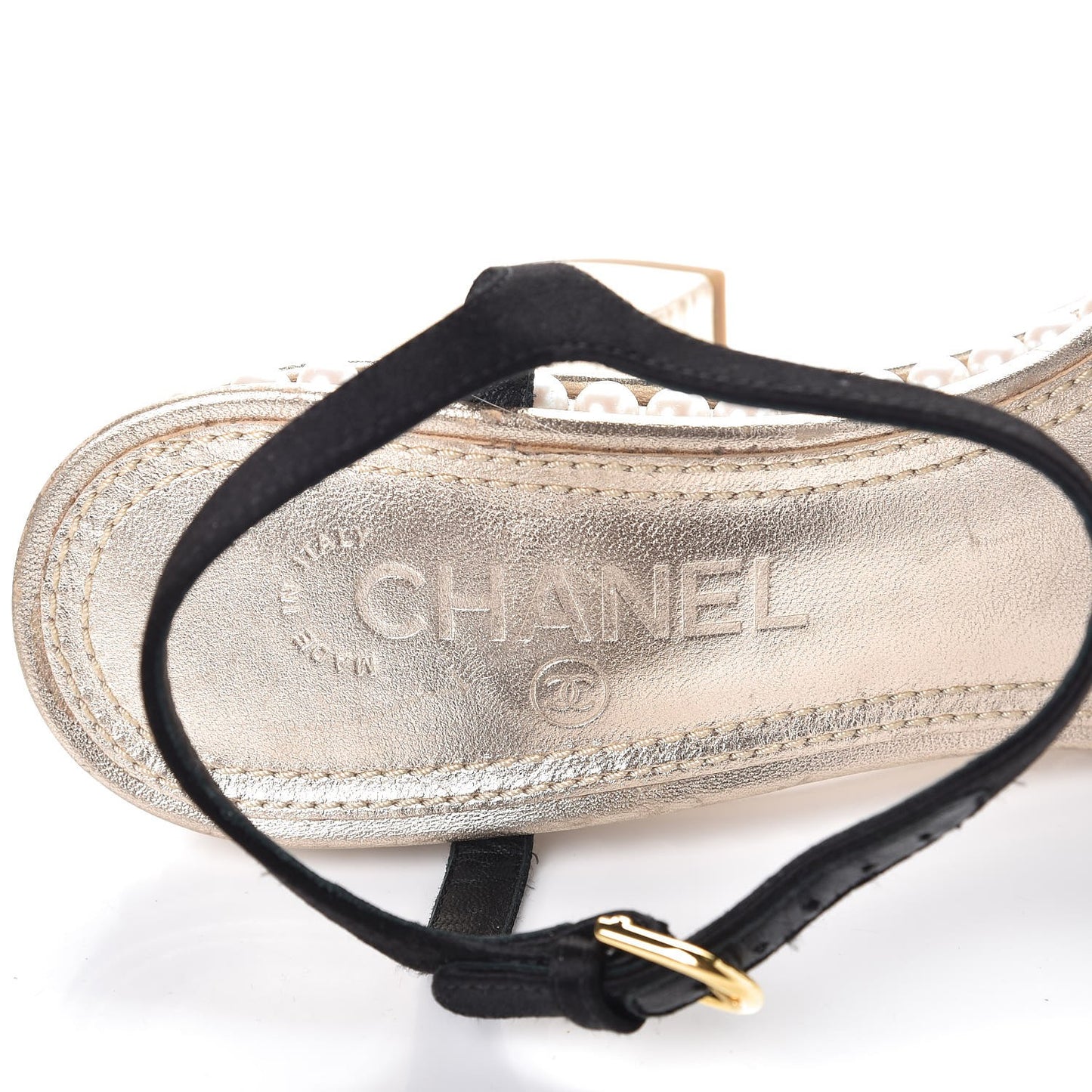 Metallic Lambskin Satin Pearl Strappy Sandals 38 Black Gold