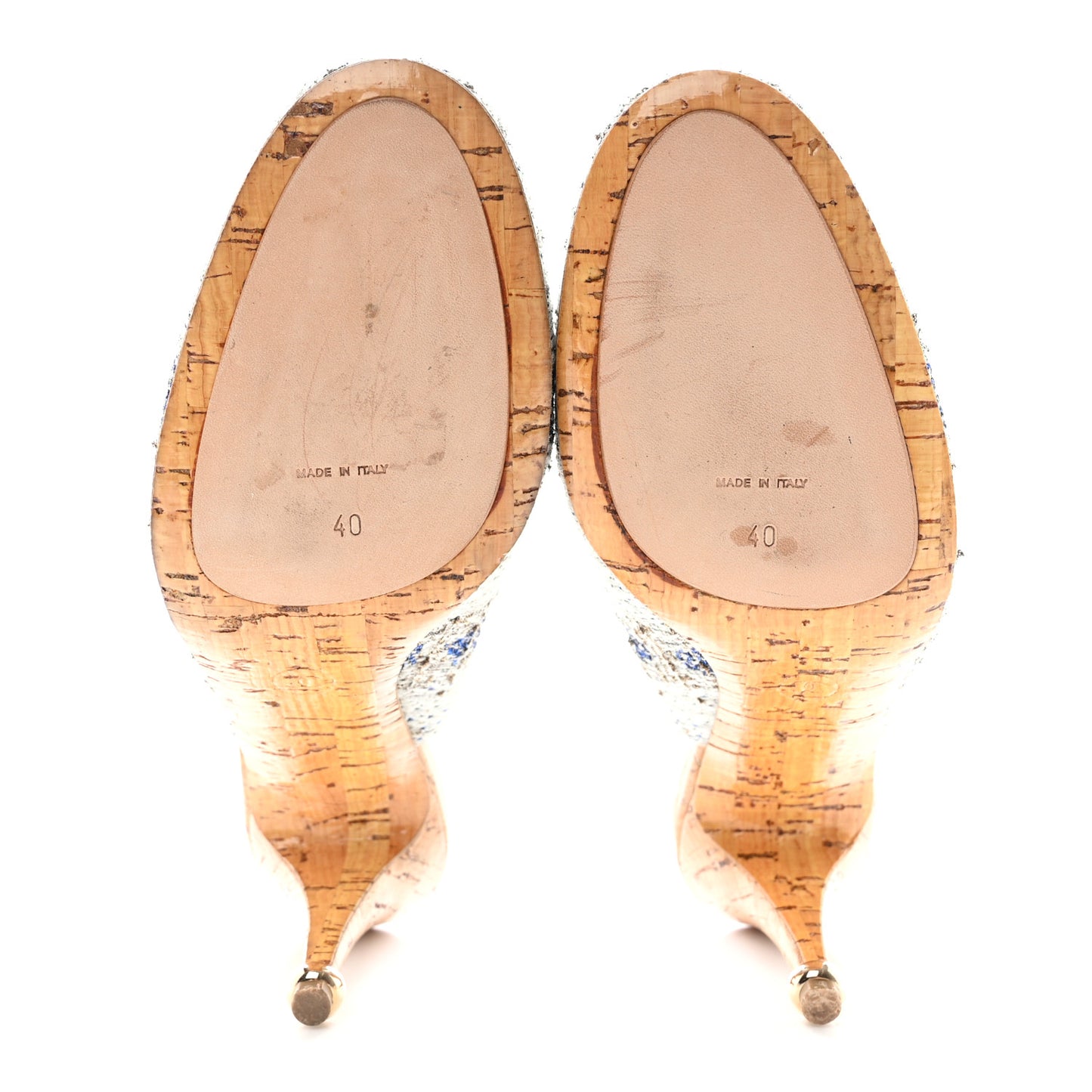 Tweed Crystal Cork CC Slingback Pumps 40 White Blue