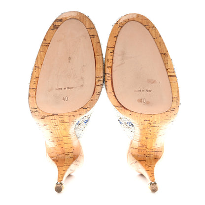 Chanel Tweed Crystal Cork CC Slingback Pumps 40 White Blue 5 of 9