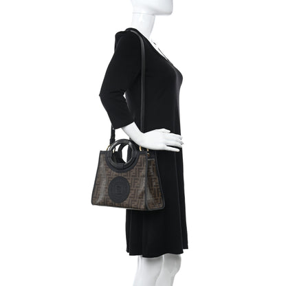 Fendi Glazed Fabric Vitello Century Plexiglass FF 1974 Stamp Patch Small Runaway Shopper Tote Mogano Panna Black 2 of 10