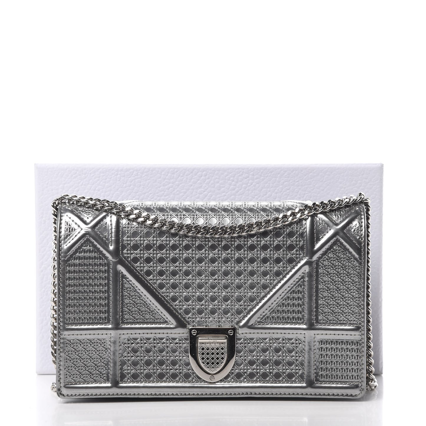 Metallic Patent Micro-Cannage Diorama Wallet on Chain Pouch Silver