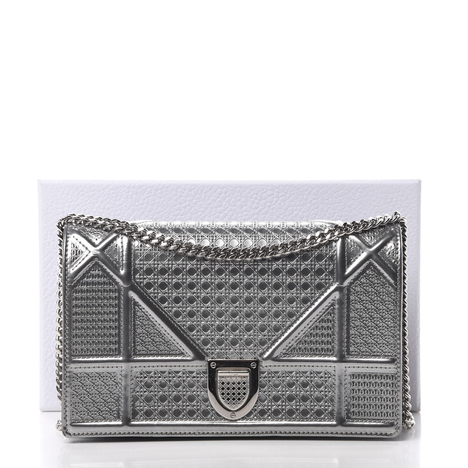 Christian Dior Metallic Patent Micro-Cannage Diorama Wallet on Chain Pouch Silver 15 of 15