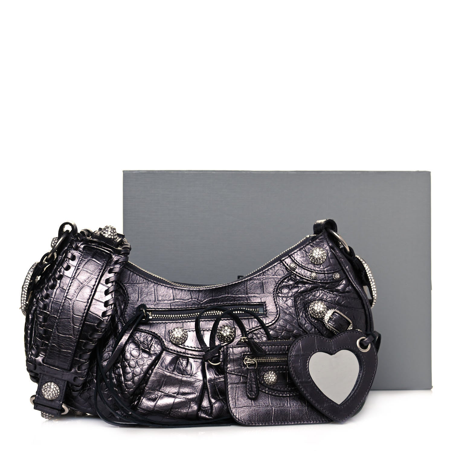 Balenciaga Metallic Calfskin Crocodile Embossed Crystal Small Le Cagole Shoulder Bag Gunmetal 12 of 12