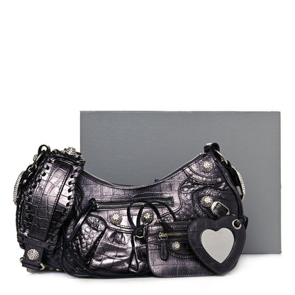 Balenciaga Metallic Calfskin Crocodile Embossed Crystal Small Le Cagole Shoulder Bag Gunmetal 12 of 12